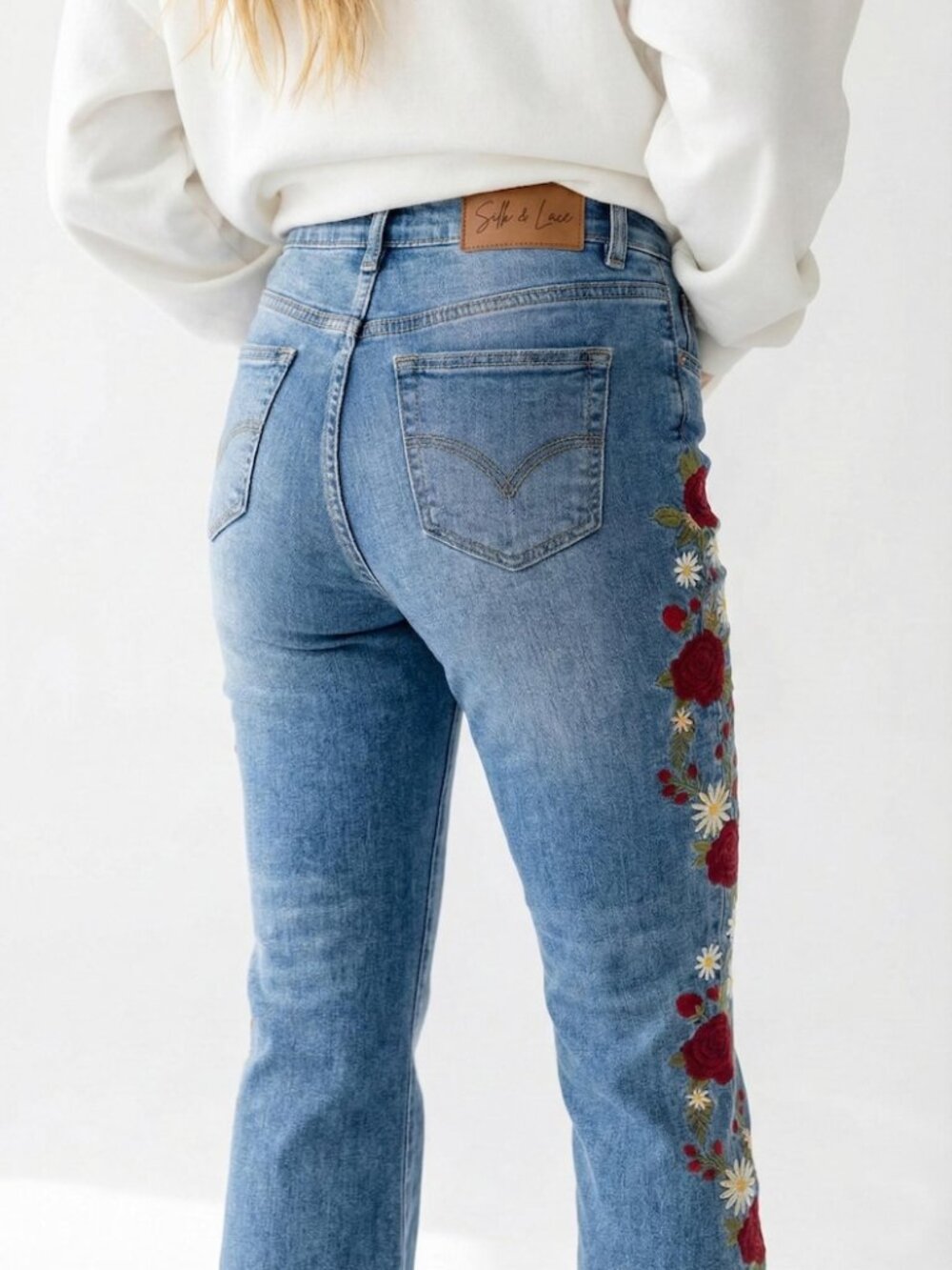 Silk & Lace Tall Floral Embroidered Flare Jeans Rose Daisy Bootcut High Rise - Picture 4 of 5